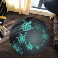 Hawaiian Plumeria Hibiscus Turtle Under Sea Polynesian Round Carpet Blue AH - Polynesian Pride