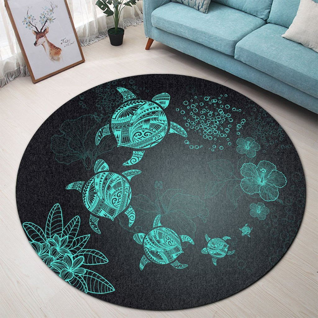 Hawaiian Plumeria Hibiscus Turtle Under Sea Polynesian Round Carpet Blue AH - Polynesian Pride