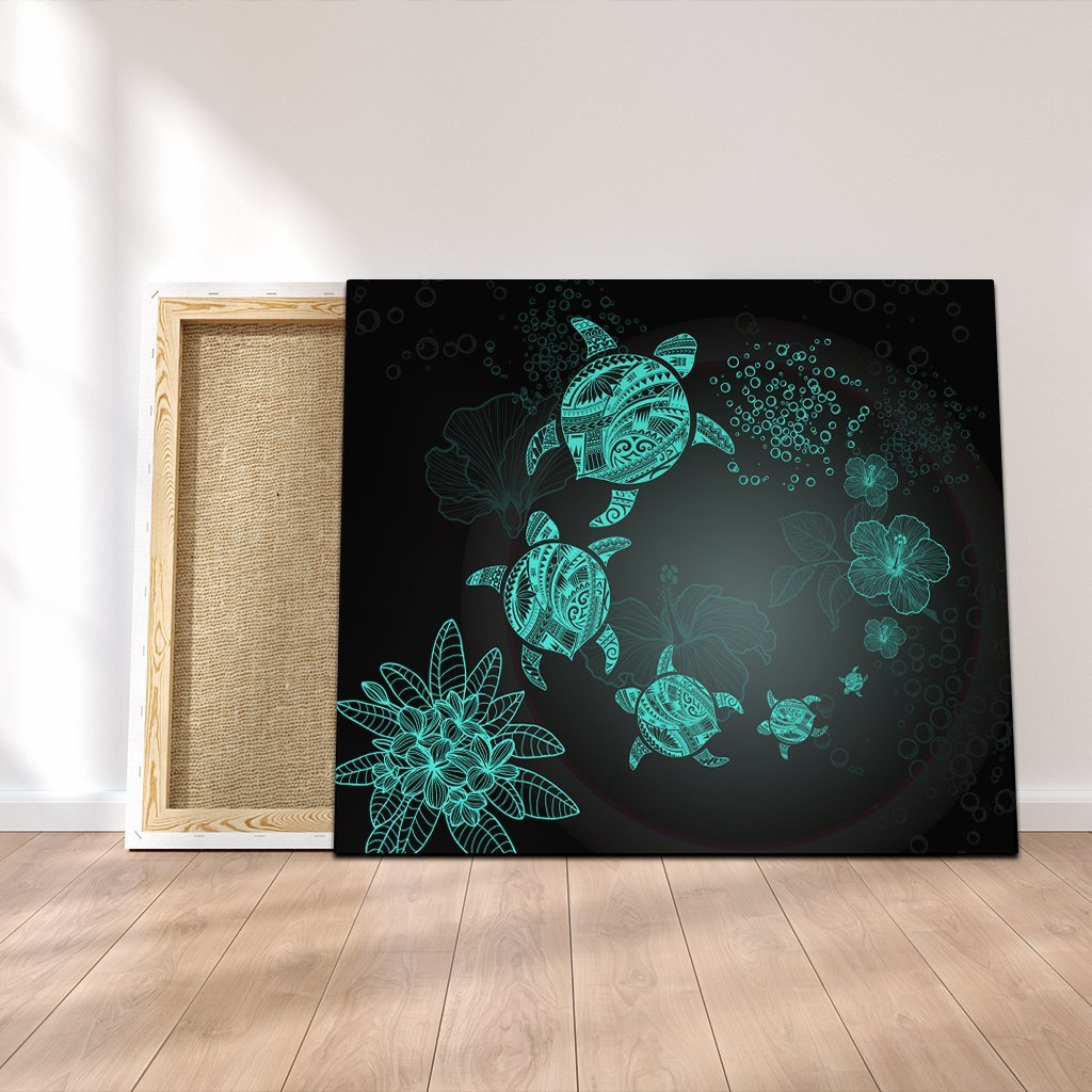Hawaiian Plumeria Hibiscus Turtle Under Sea Polynesian Canvas Blue AH Canvas Poly-cotton - Polynesian Pride
