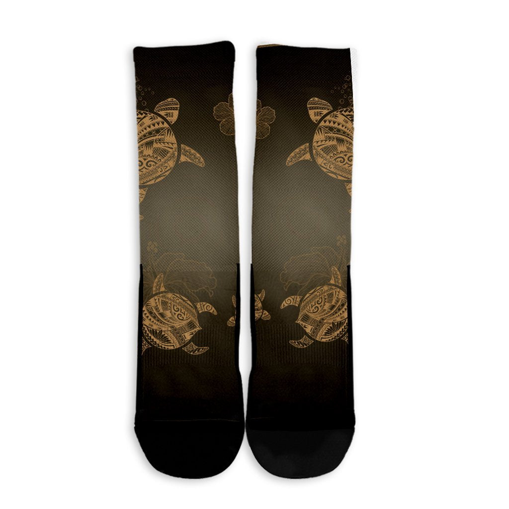 Hawaiian Plumeria Hibiscus Turtle Under Sea Polynesian Crew Socks Gold AH - Polynesian Pride