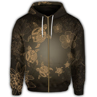Hawaiian Plumeria Hibiscus Turtle Under Sea Polynesian Zip Hoodie Gold - Polynesian Pride