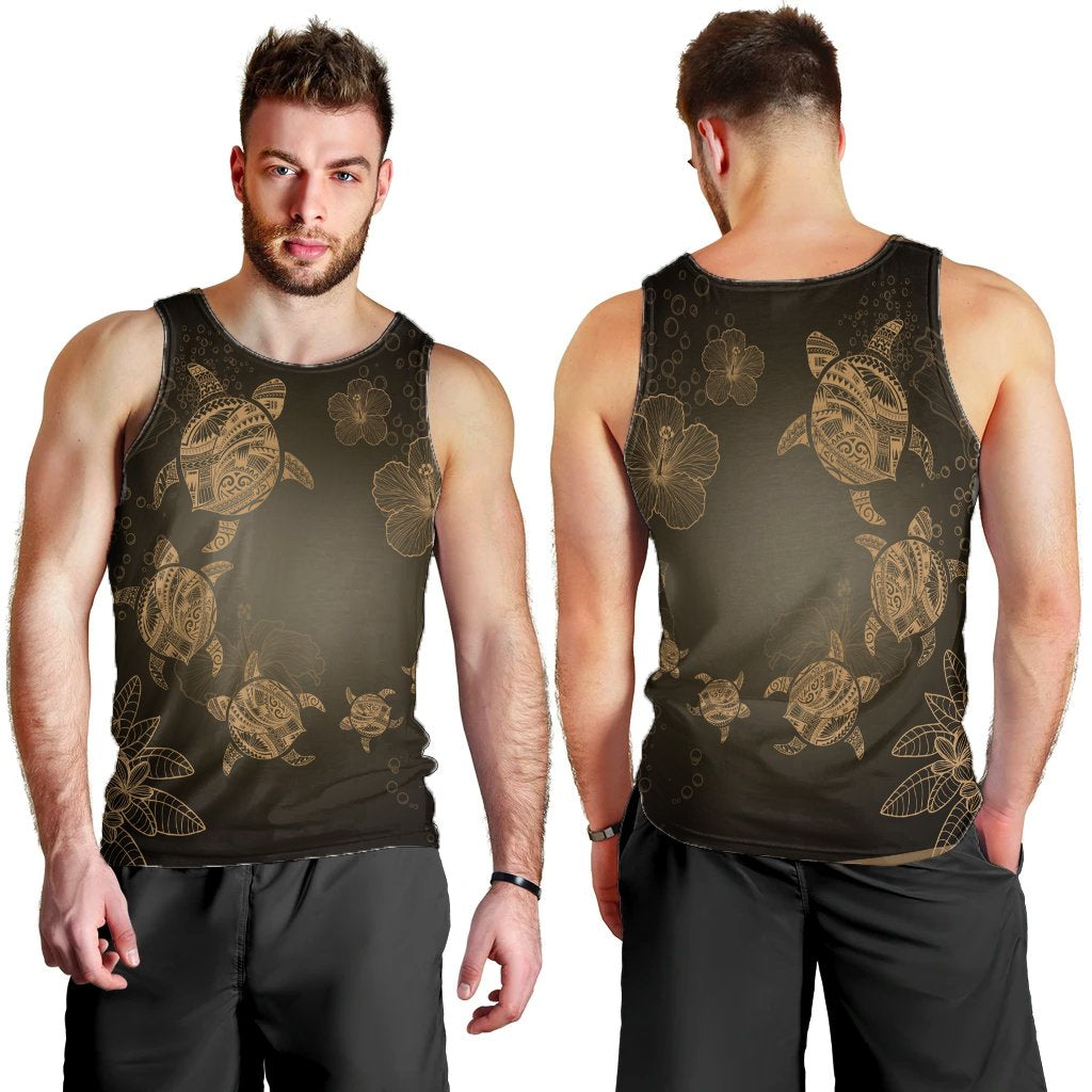 Hawaiian Plumeria Hibiscus Turtle Under Sea Polynesian Tank Top Gold AH - Polynesian Pride