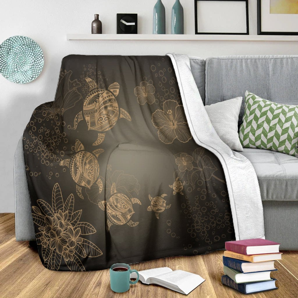Hawaiian Plumeria Hibiscus Turtle Under Sea Polynesian Premium Blankets Gold AH - Polynesian Pride
