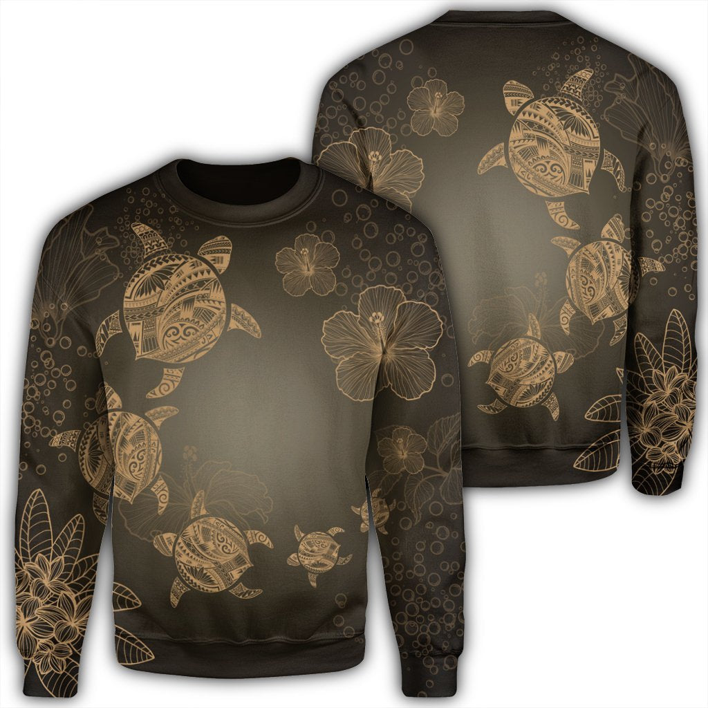 Hawaiian Plumeria Hibiscus Turtle Under Sea Polynesian Sweatshirt Gold AH Unisex Black - Polynesian Pride