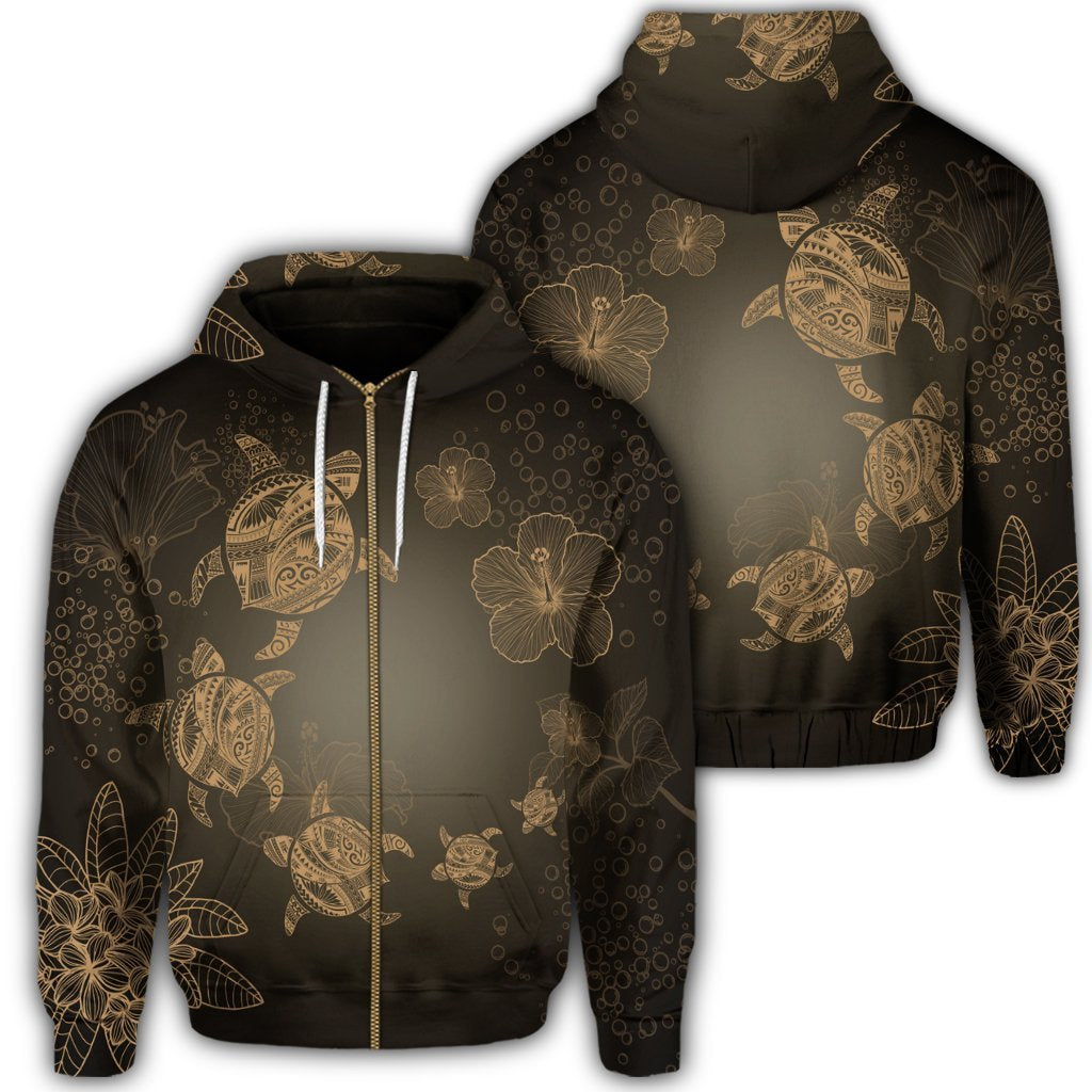 Hawaiian Plumeria Hibiscus Turtle Under Sea Polynesian Zip Hoodie Gold Unisex Art - Polynesian Pride