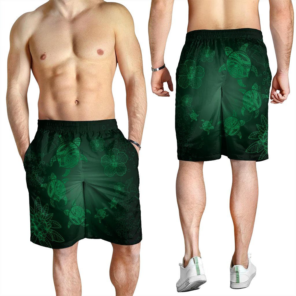 Hawaiian Plumeria Hibiscus Turtle Under Sea Polynesian Men's Shorts Green AH - Polynesian Pride