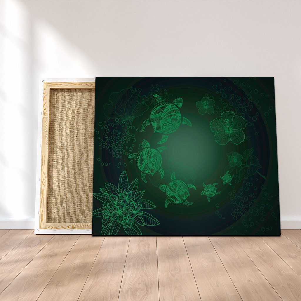 Hawaiian Plumeria Hibiscus Turtle Under Sea Polynesian Canvas Green AH Canvas Poly-cotton - Polynesian Pride