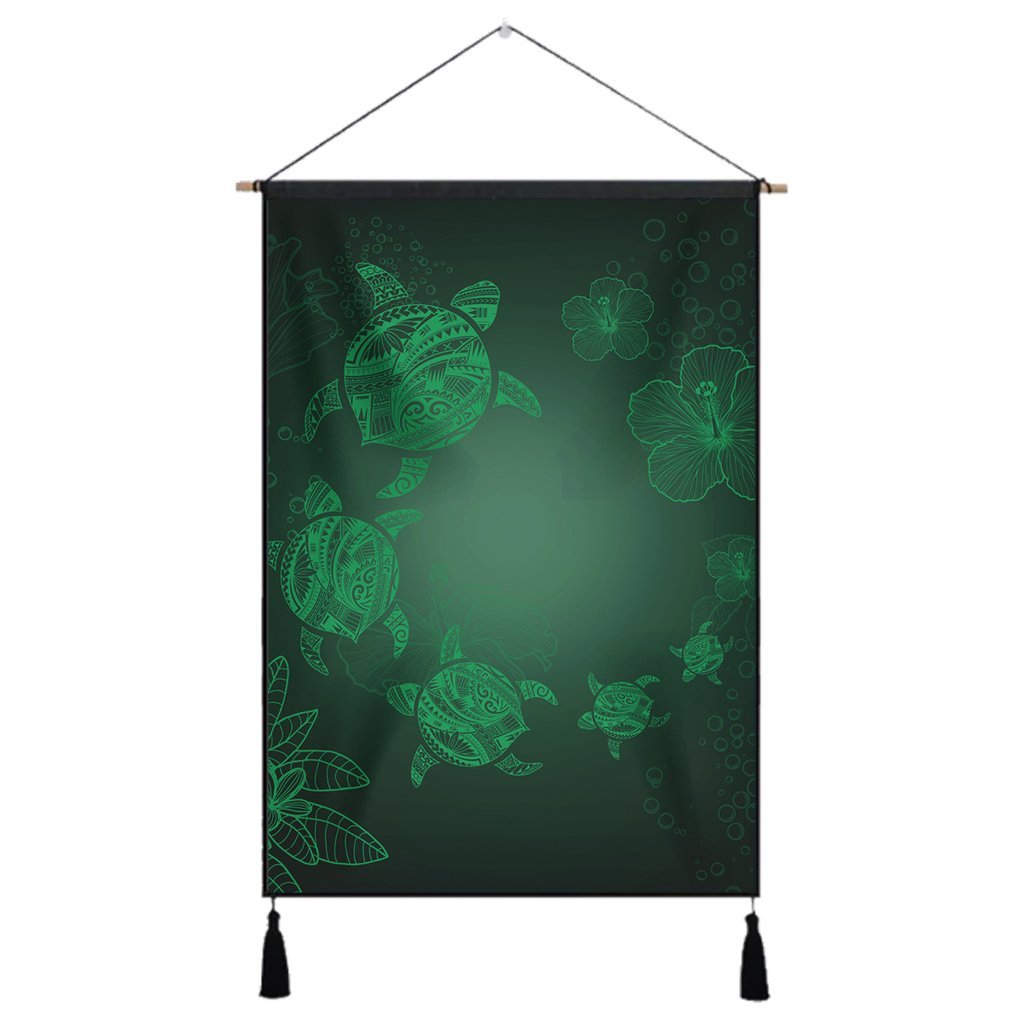 Hawaiian Plumeria Hibiscus Turtle Under Sea Polynesian Hanging Poster Green AH Hanging Poster Cotton And Linen - Polynesian Pride