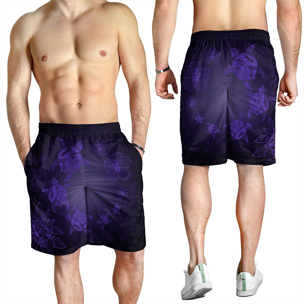 Hawaiian Plumeria Hibiscus Turtle Under Sea Polynesian Men's Shorts Purple AH - Polynesian Pride