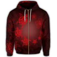 Hawaiian Plumeria Hibiscus Turtle Under Sea Polynesian Zip Hoodie Red - Polynesian Pride