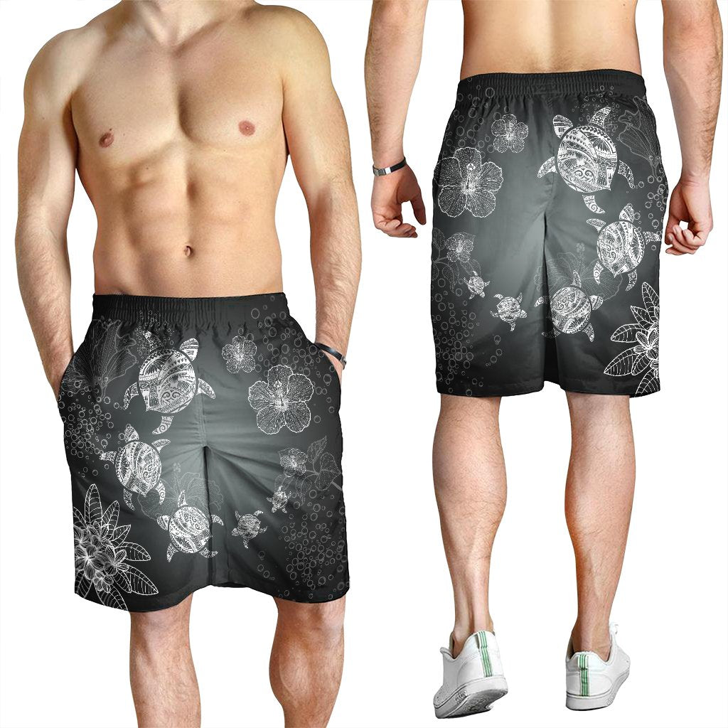 Hawaiian Plumeria Hibiscus Turtle Under Sea Polynesian Men's Shorts White AH - Polynesian Pride