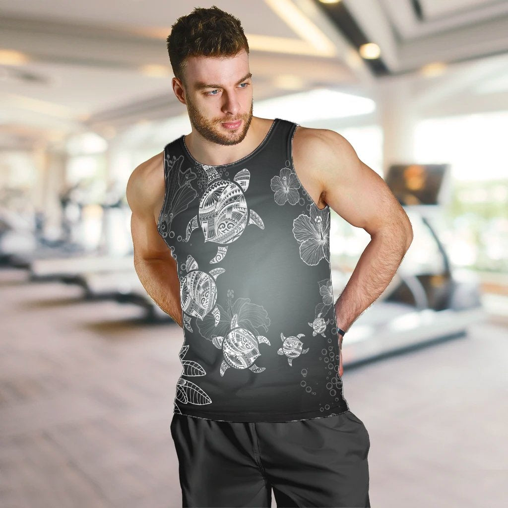 Hawaiian Plumeria Hibiscus Turtle Under Sea Polynesian Tank Top White AH - Polynesian Pride
