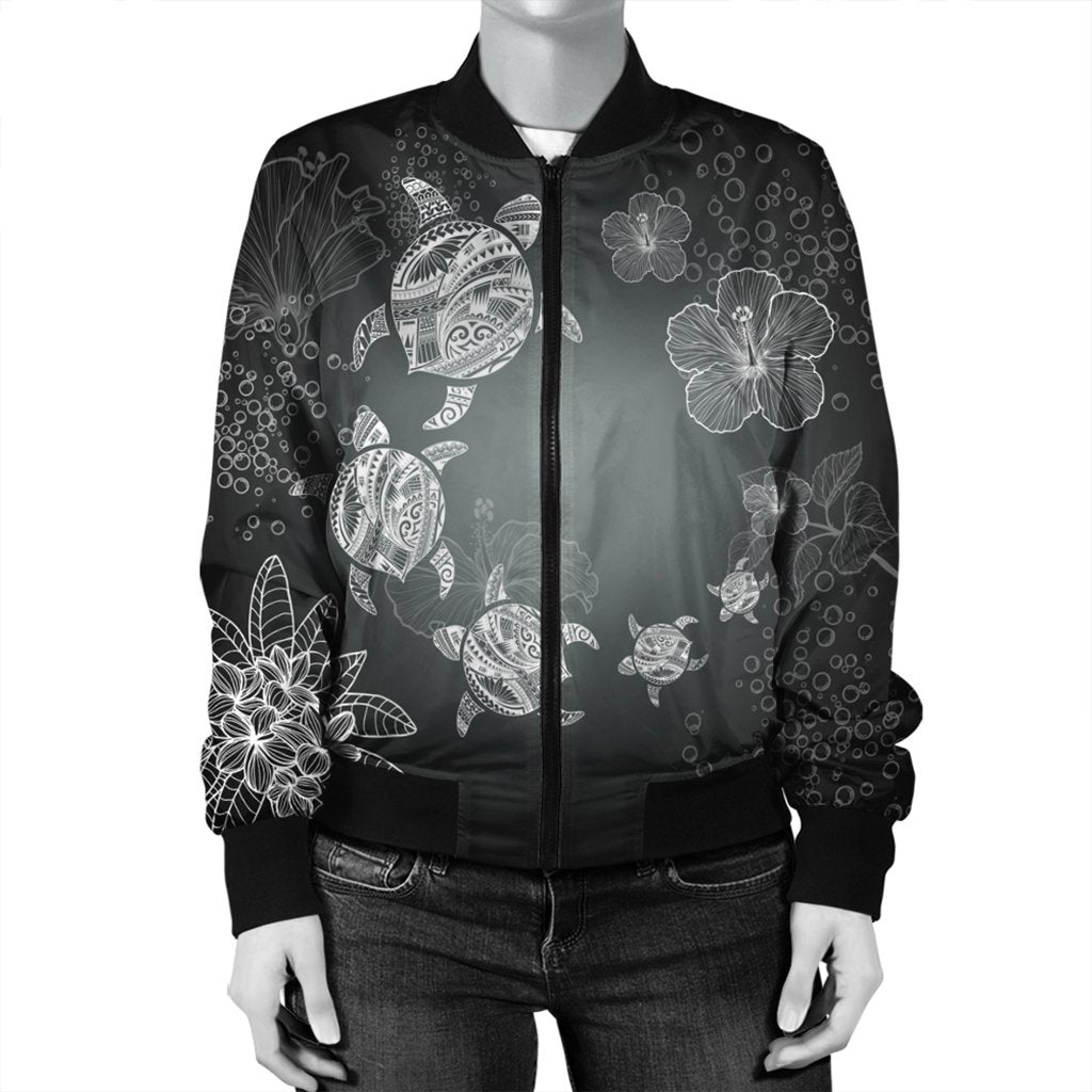 Hawaiian Plumeria Hibiscus Turtle Under Sea Polynesian Bomber Jacket White AH - Polynesian Pride