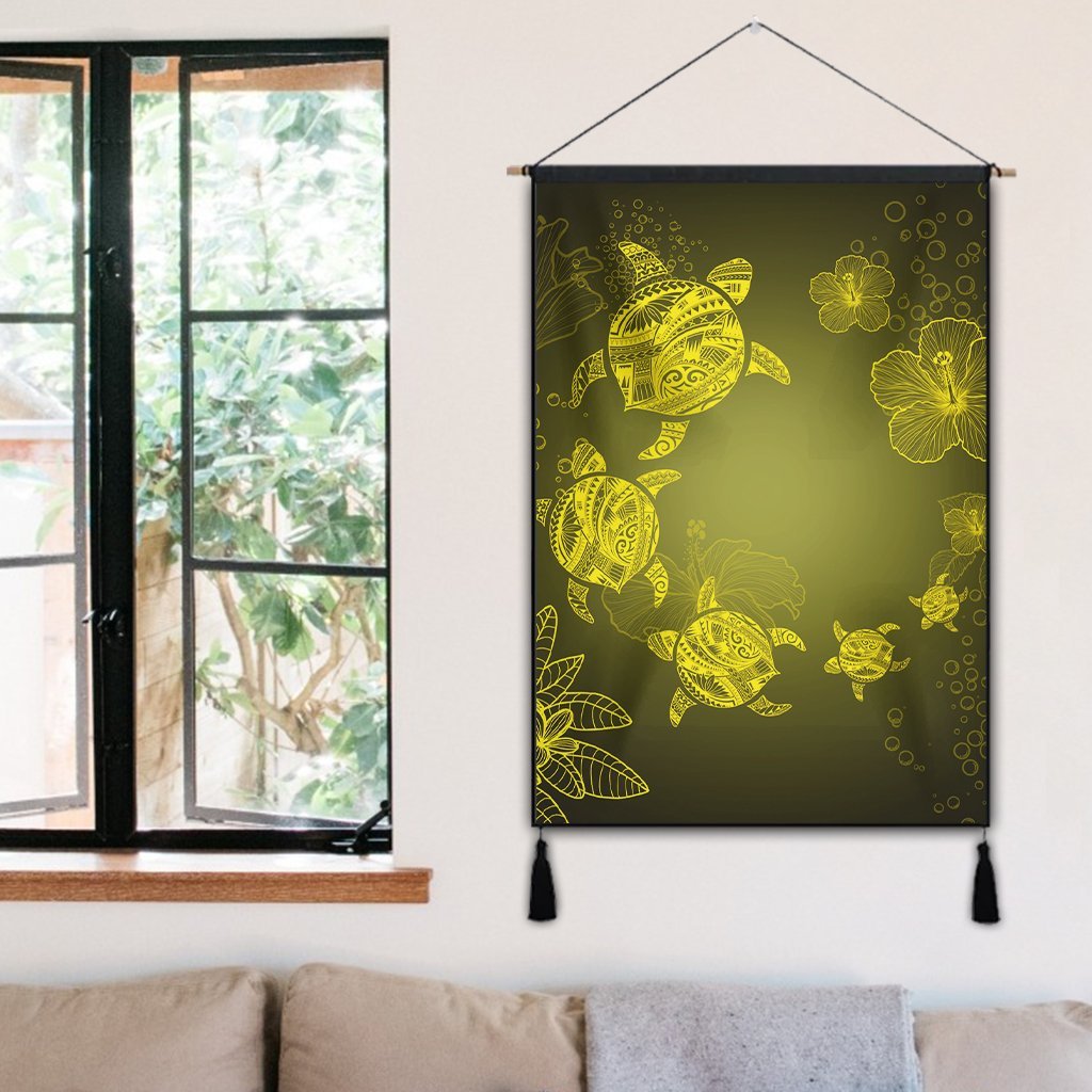 Hawaiian Plumeria Hibiscus Turtle Under Sea Polynesian Hanging Poster Yellow AH - Polynesian Pride