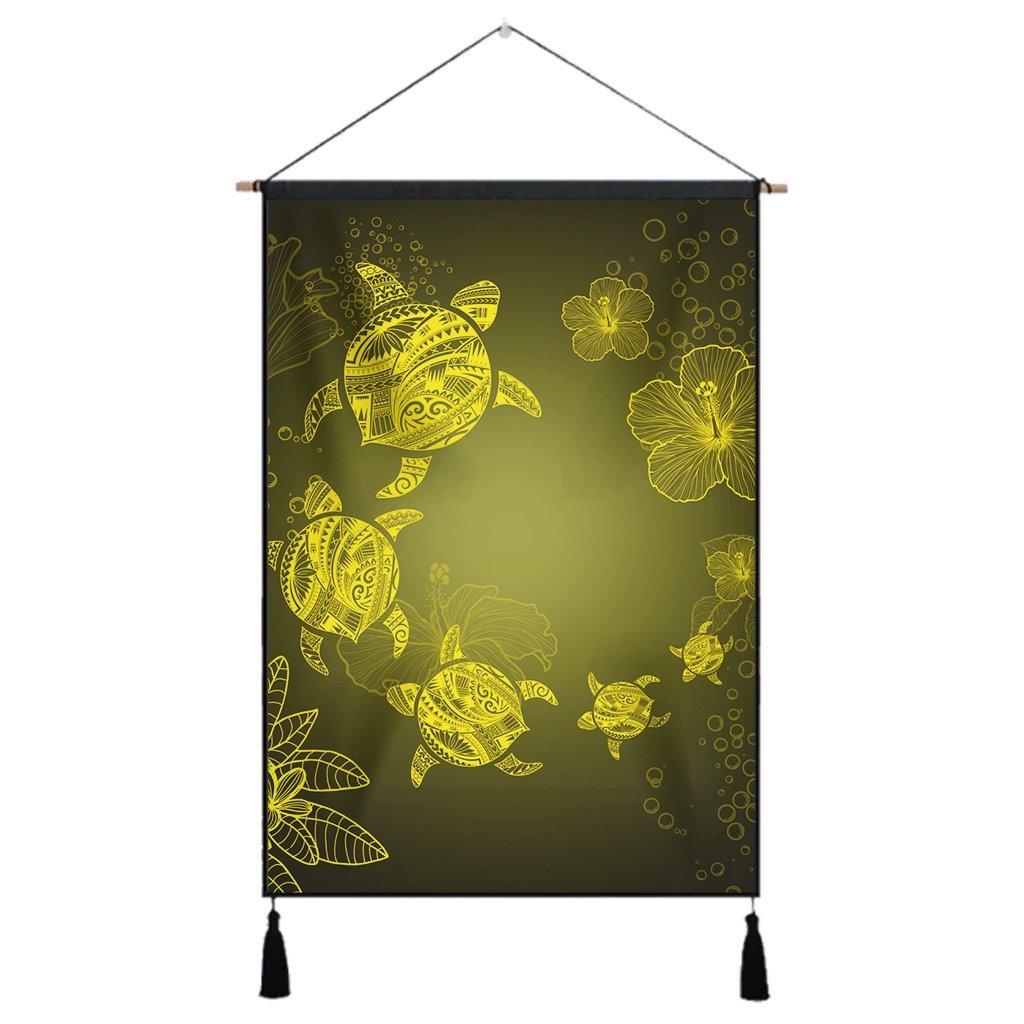 Hawaiian Plumeria Hibiscus Turtle Under Sea Polynesian Hanging Poster Yellow AH Hanging Poster Cotton And Linen - Polynesian Pride