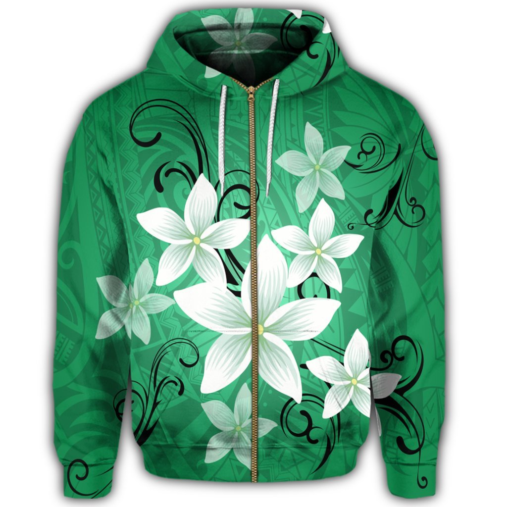 Hawaiian Plumeria Polynesian Zip Hoodie Green - Polynesian Pride