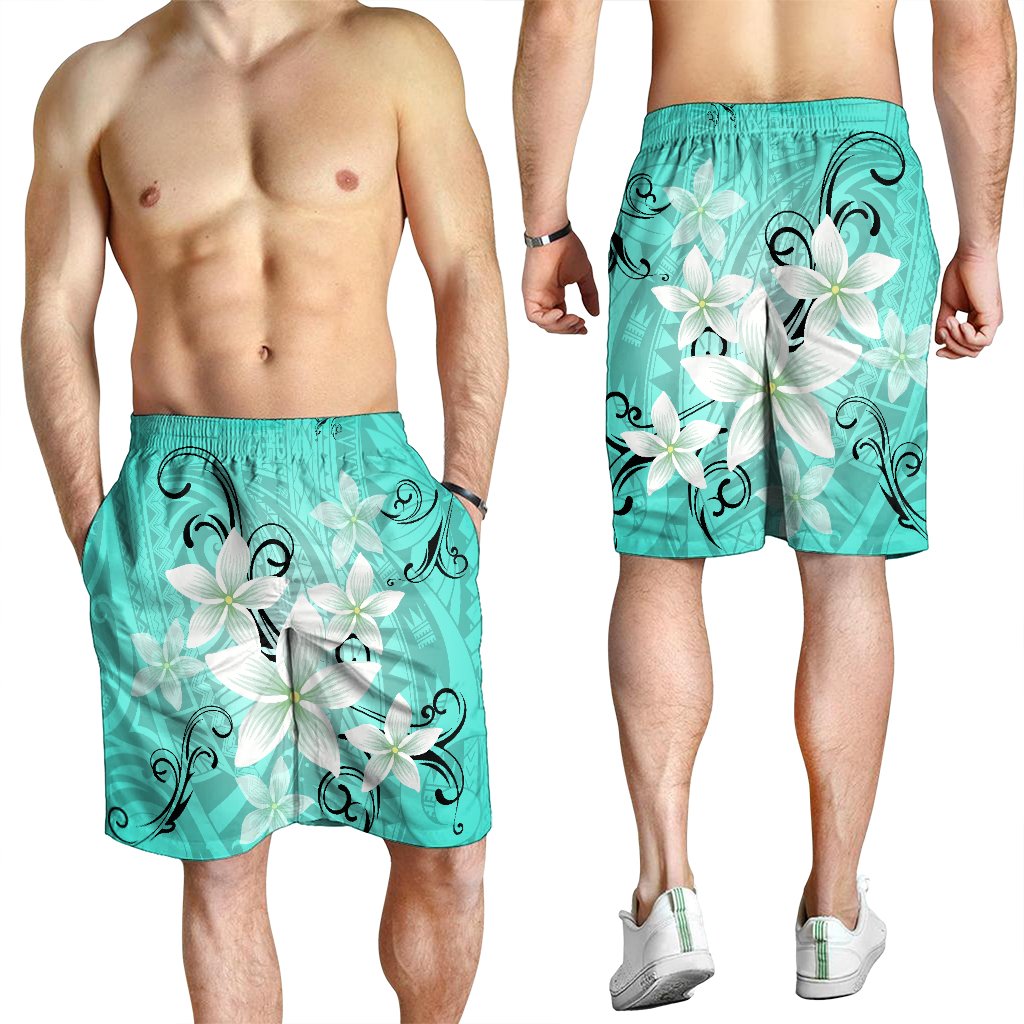 Hawaiian Plumeria Polynesian Men's Shorts - Turquoise - AH - Polynesian Pride