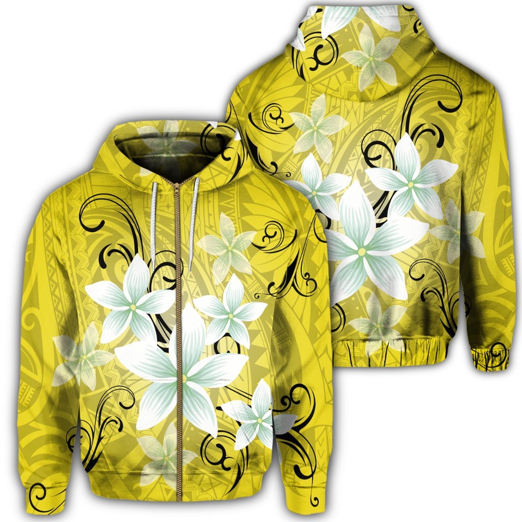 Hawaiian Plumeria Polynesian Zip Hoodie Yellow Unisex Art - Polynesian Pride