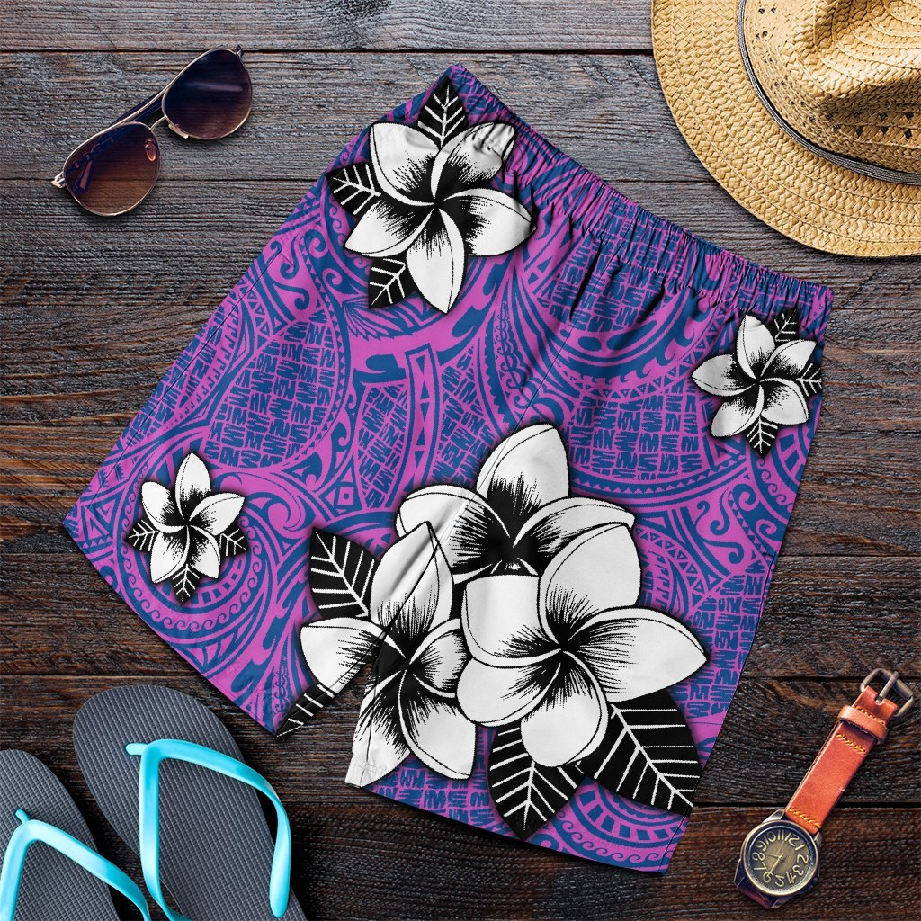 Hawaiian Plumeria Tribal Pink Polynesian Men's Shorts Blue AH Art - Polynesian Pride