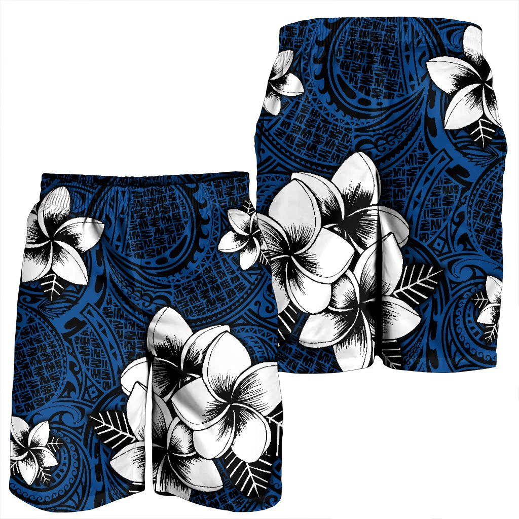 Hawaiian Plumeria Tribal Polynesian Men's Shorts Blue AH - Polynesian Pride