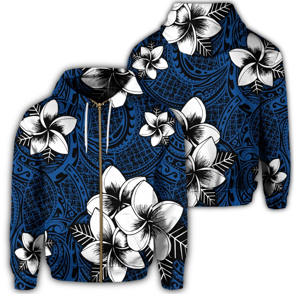 Hawaiian Plumeria Tribal Polynesian Zip Hoodie Blue Unisex Art - Polynesian Pride