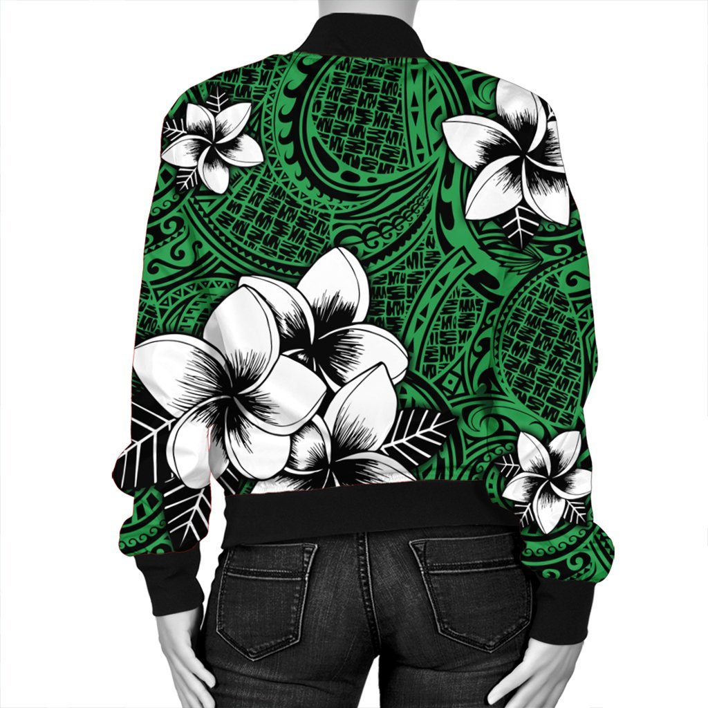 Hawaiian Plumeria Tribal Polynesian Bomber Jacket Green AH - Polynesian Pride