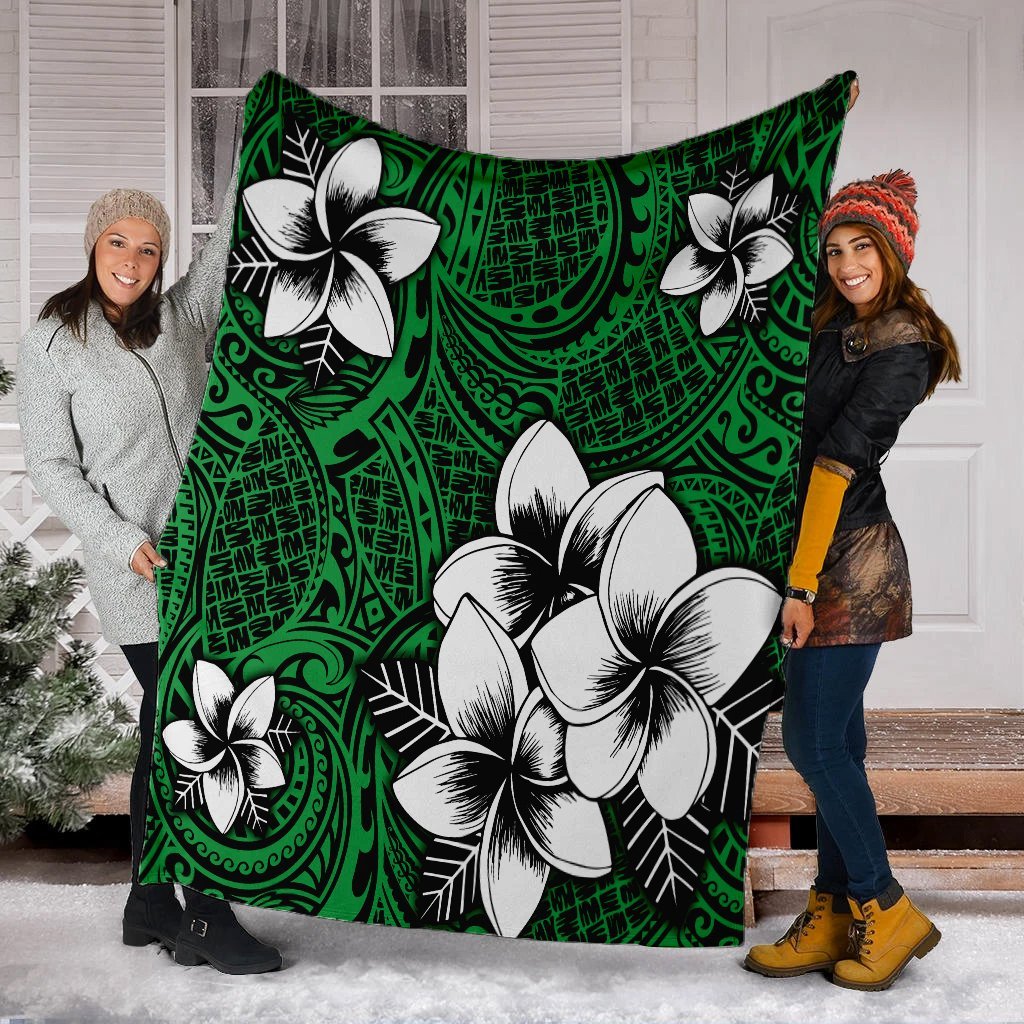 Hawaiian Plumeria Tribal Polynesian Premium Blankets Green AH - Polynesian Pride