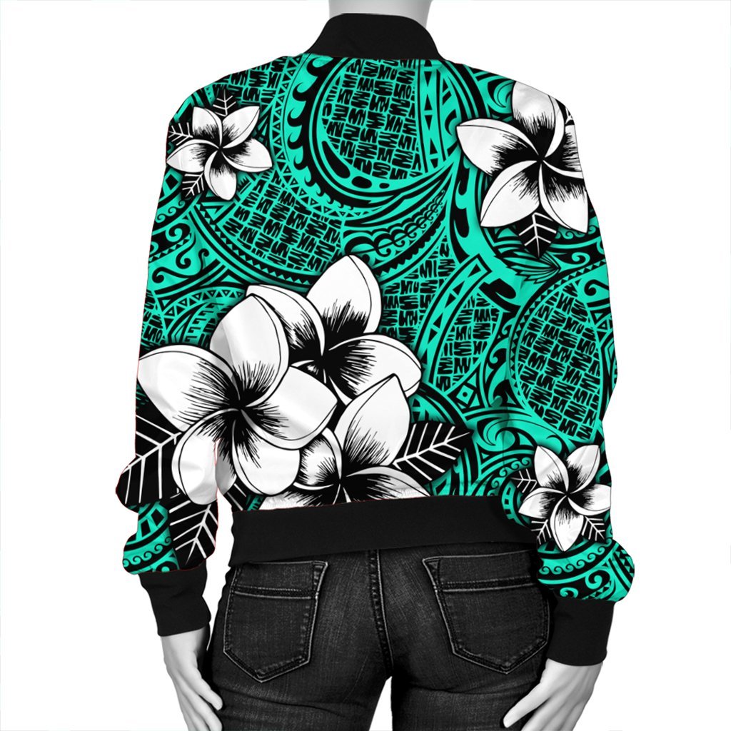 Hawaiian Plumeria Tribe Turquoise Polynesian Bomber Jacket AH - Polynesian Pride