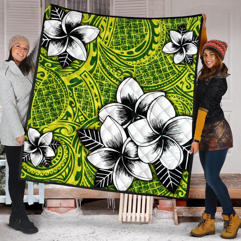 Hawaiian Plumeria Tribe Yellow Green Polynesian Premium Quilts AH - Polynesian Pride