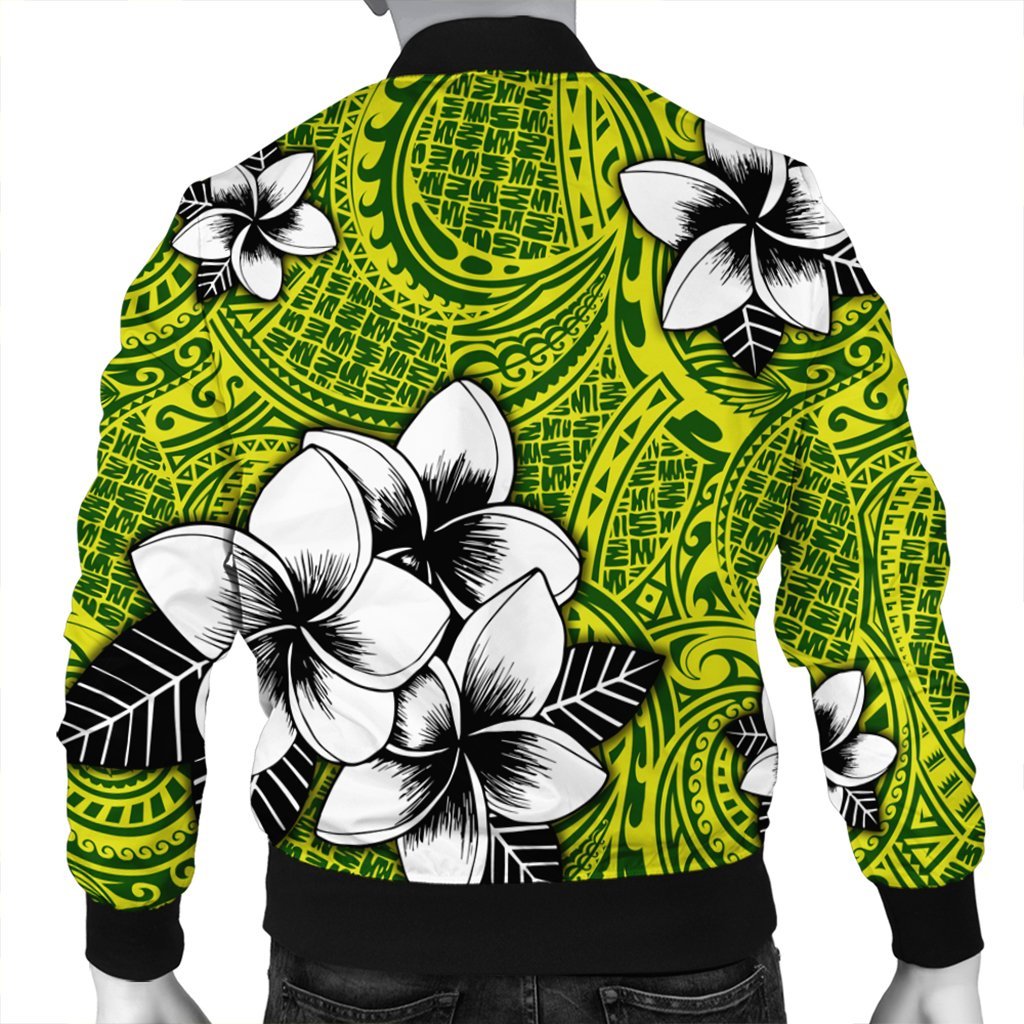 Hawaiian Plumeria Tribe Yellow Green Polynesian Bomber Jacket AH - Polynesian Pride