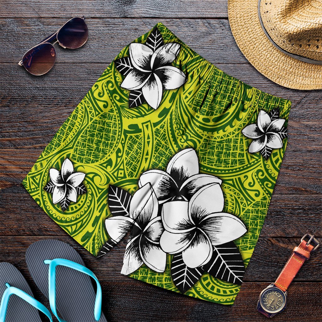 Hawaiian Plumeria Tribe Yellow Green Polynesian Men's Shorts AH Art - Polynesian Pride