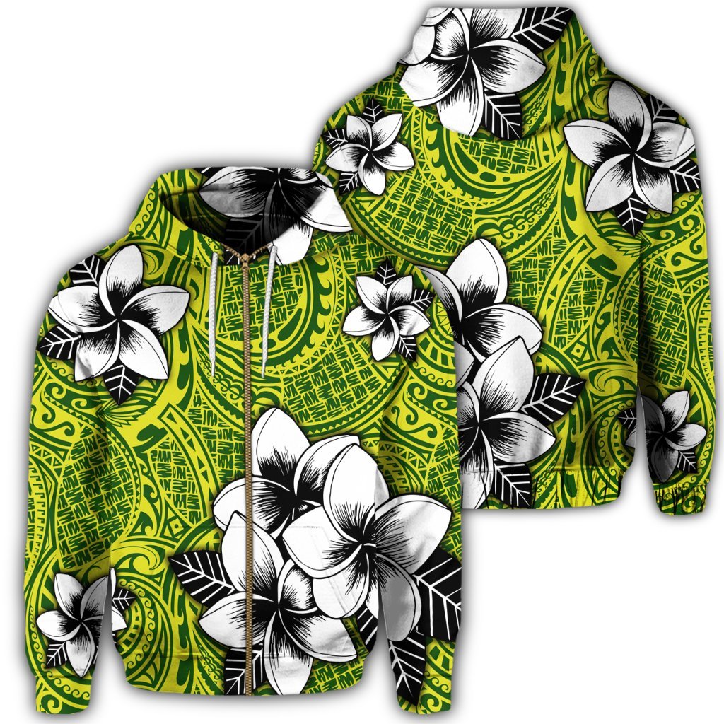 Hawaiian Plumeria Tribe Yellow Green Polynesian Zip Hoodie Unisex Art - Polynesian Pride