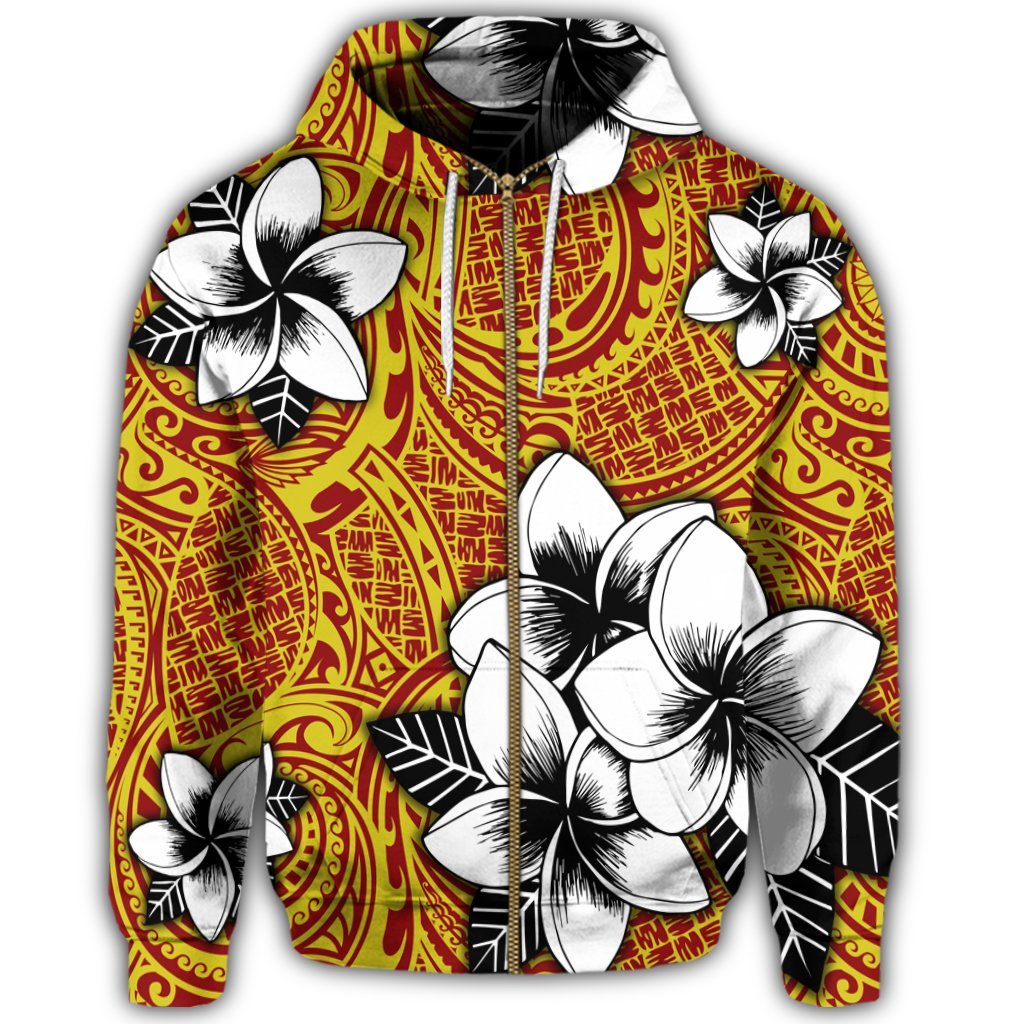 Hawaiian Plumeria Tribe Yellow Red Polynesian Zip Hoodie - Polynesian Pride