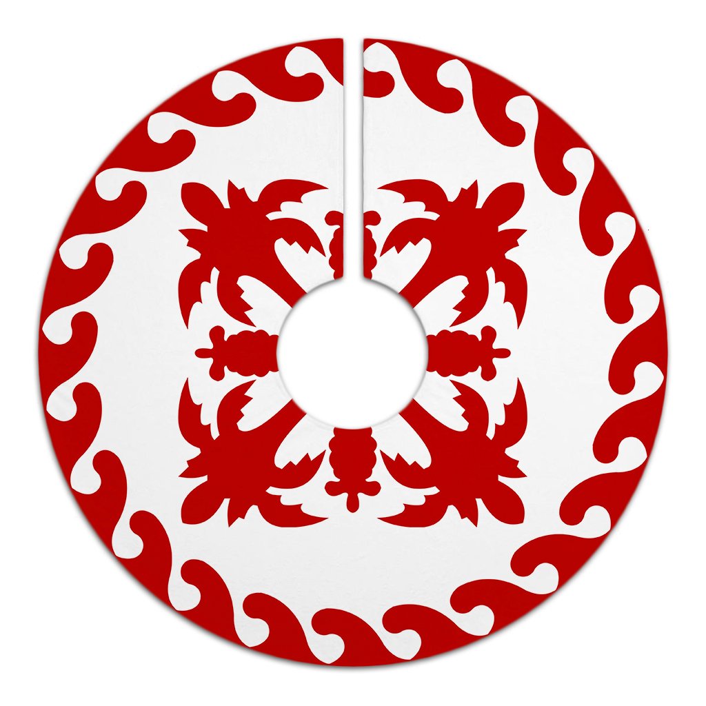 Hawaiian Quilt Pattern Coconut Lovely Tree Skirt - Red White - AH - Polynesian Pride