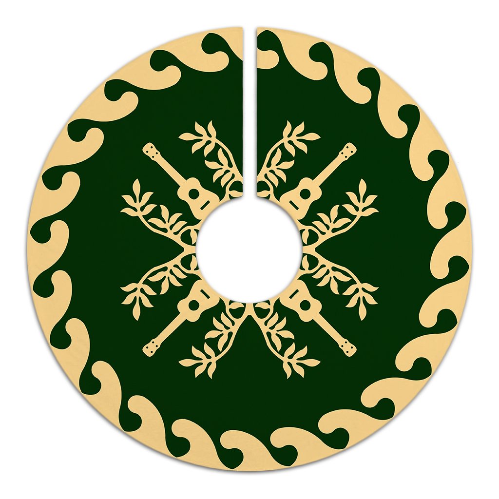 Hawaiian Quilt Pattern Guitar Tree Skirt - Green Beige - AH - Polynesian Pride