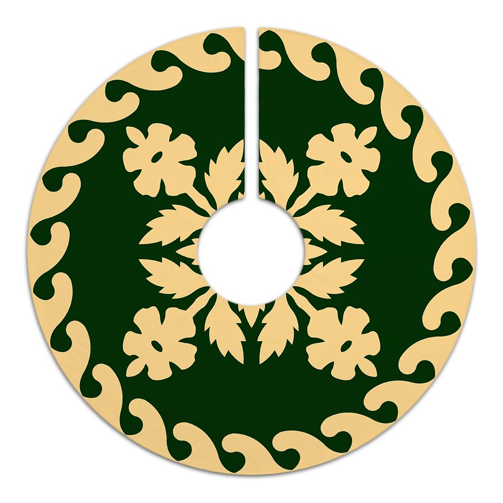 Hawaiian Quilt Pattern Hibiscus Flower Tree Skirt - Green Beige - AH - Polynesian Pride