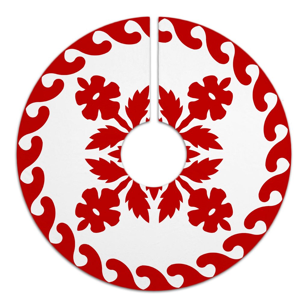 Hawaiian Quilt Pattern Hibiscus Flower Tree Skirt - Red White - AH - Polynesian Pride