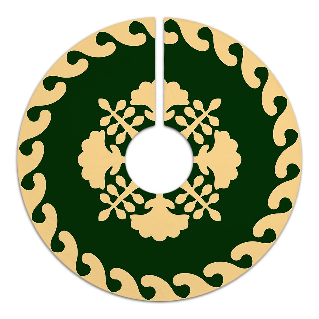 Hawaiian Quilt Pattern Hibiscus Palm Tree Tree Skirt - Green Beige - AH - Polynesian Pride