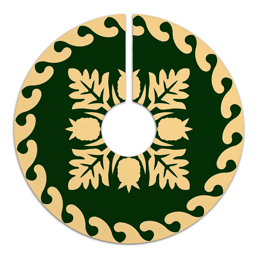 Hawaiian Quilt Pattern Palm Tree And Pineaple Tree Skirt - Green Beige - AH - Polynesian Pride