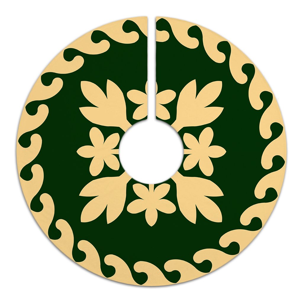 Hawaiian Quilt Pattern Palm Tree And Plumeria Tree Skirt - Green Beige - AH - Polynesian Pride