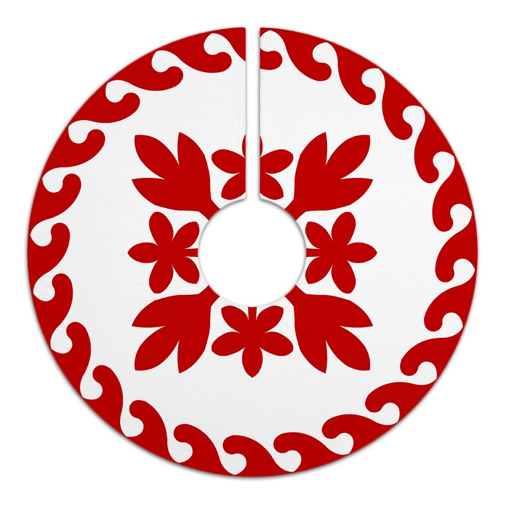 Hawaiian Quilt Pattern Palm Tree And Plumeria Tree Skirt - Red White - AH - Polynesian Pride