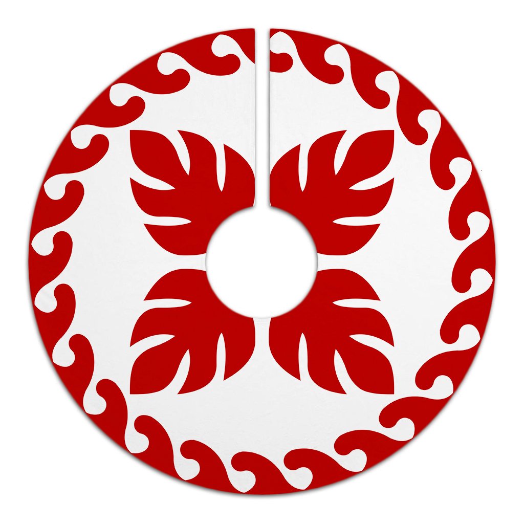 Hawaiian Quilt Pattern Palm Tree Monstera Basic Polynesian Tree Skirt - Red White - AH - Polynesian Pride