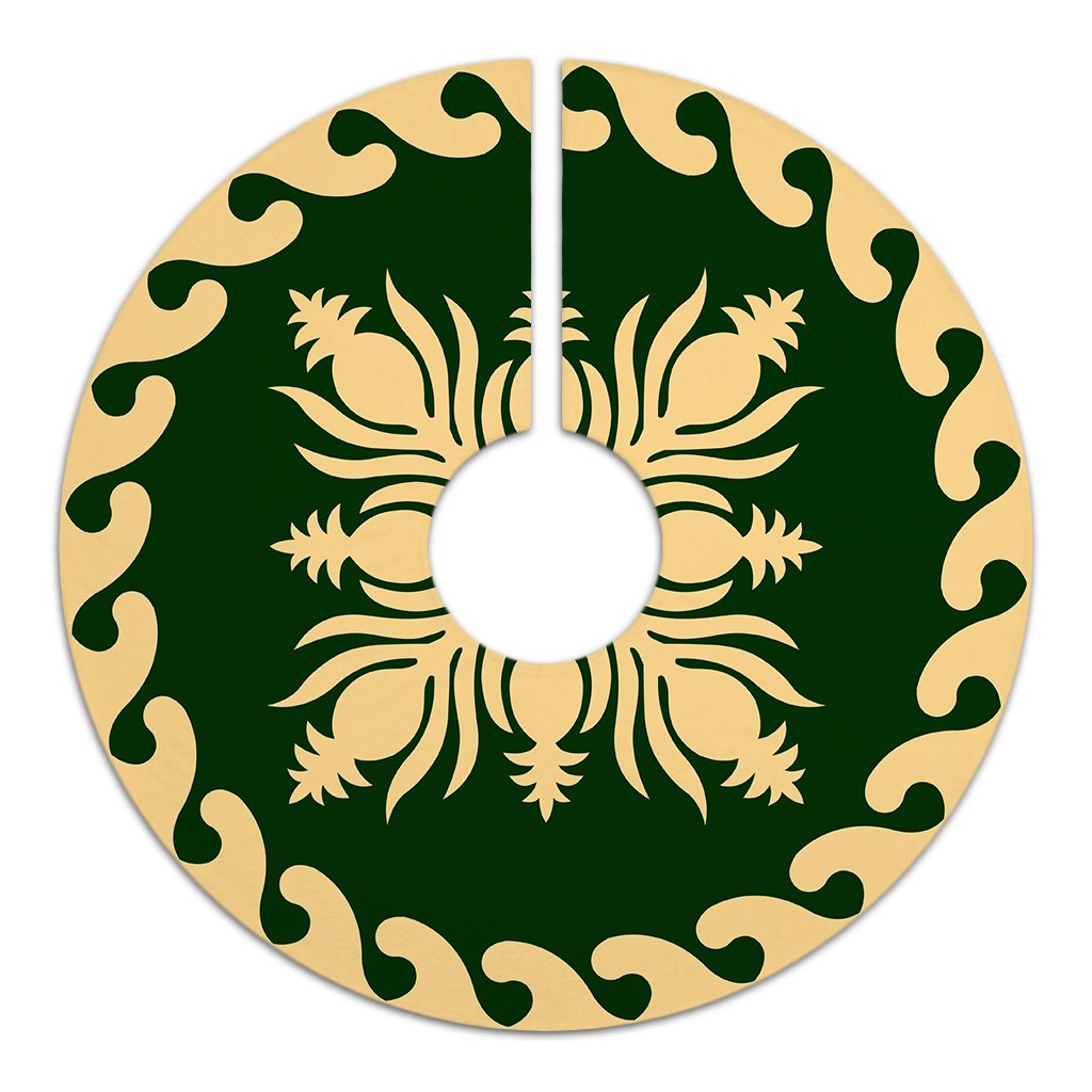Hawaiian Quilt Pattern Pineapple Dance Tree Skirt - Green Beige - AH - Polynesian Pride