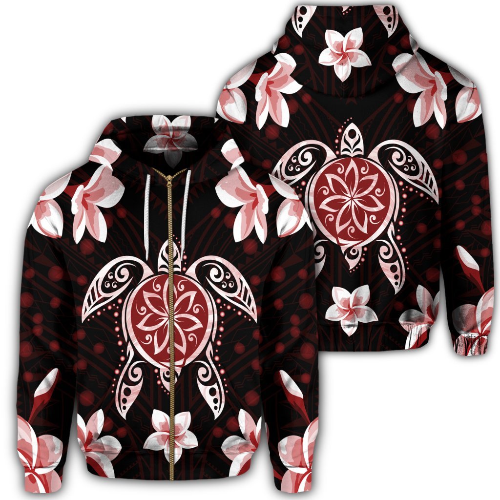 Hawaiian Reddie Turtle Plumeria Zip Hoodie Unisex Art - Polynesian Pride