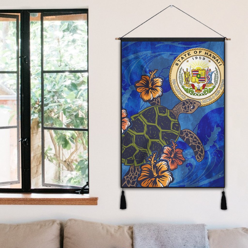 Hawaiian Seal Of Hawaii Hibiscus Ocean Turtle Polynesian Hanging Poster - AH - Polynesian Pride