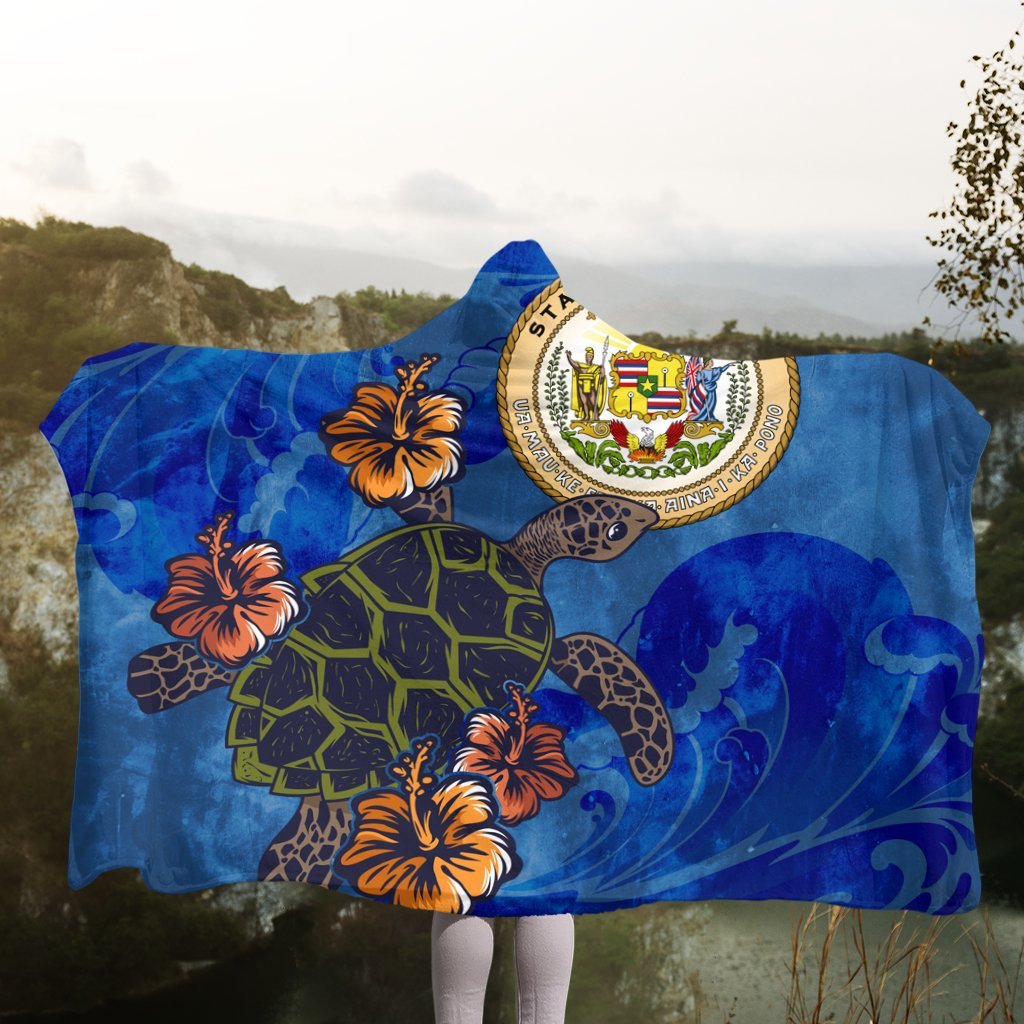 Hawaiian Seal Of Hawaii Hibiscus Ocean Turtle Polynesian Hooded Blanket - AH - Polynesian Pride