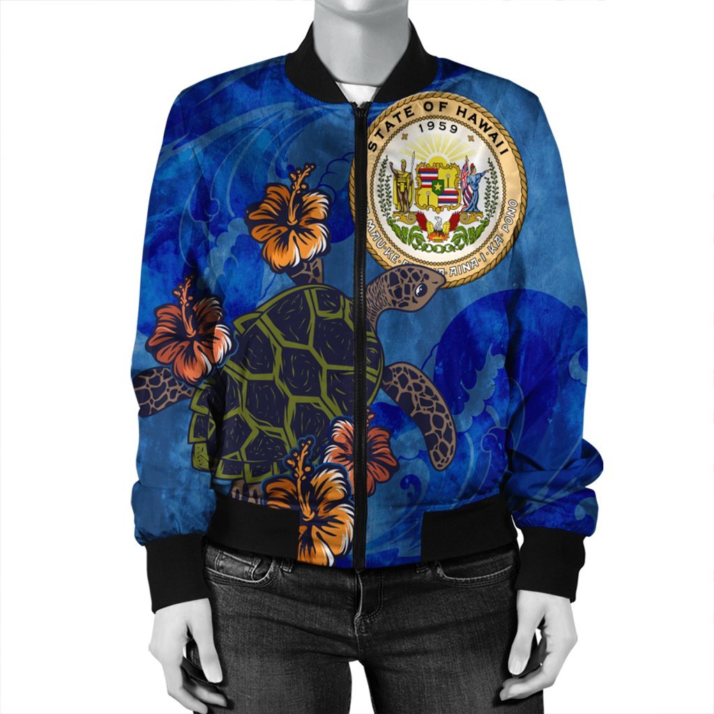 Hawaiian Seal Of Hawaii Hibiscus Ocean Turtle Polynesian Bomber Jacket - AH - Polynesian Pride