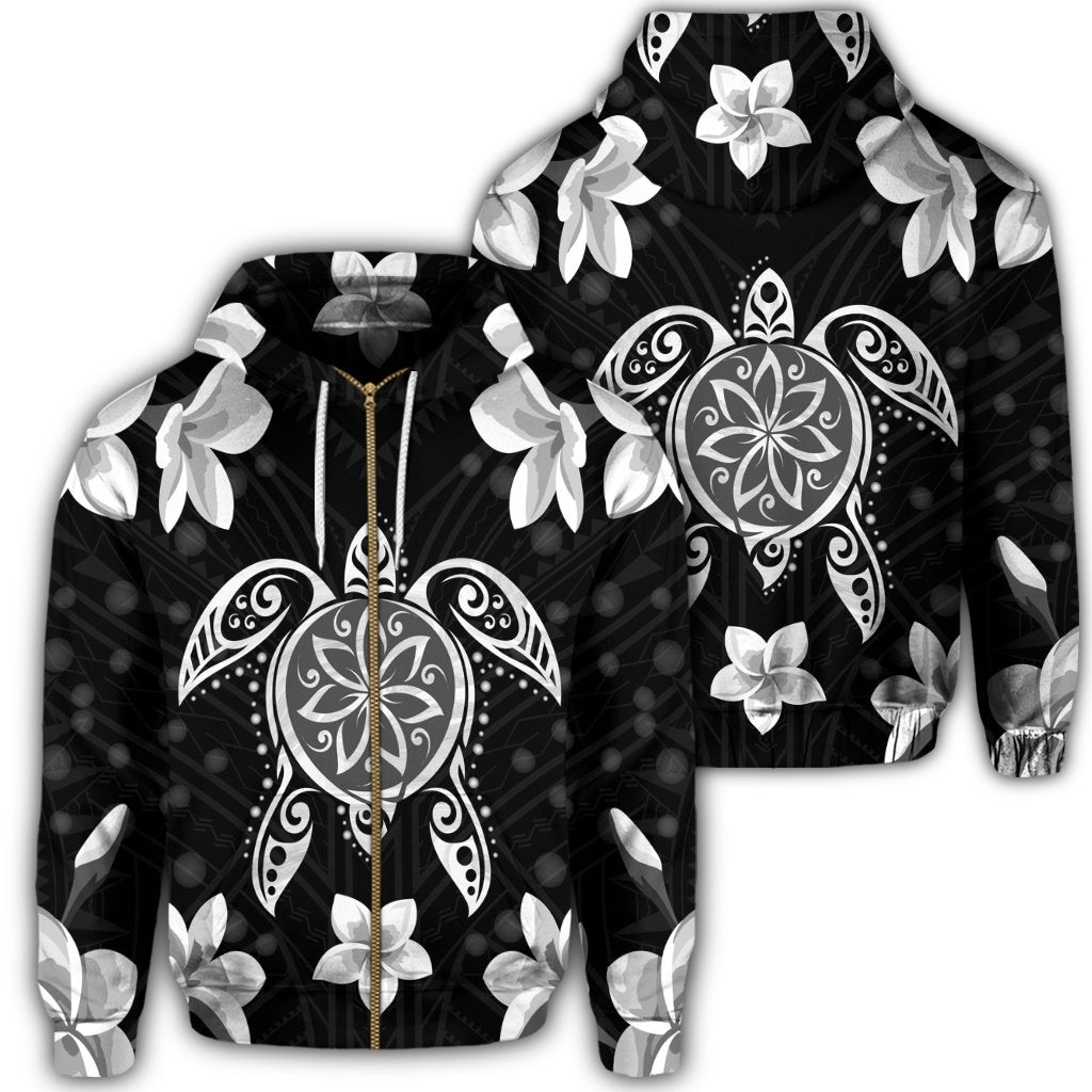 Hawaiian Silver Turtle Plumeria Zip Hoodie Unisex Art - Polynesian Pride