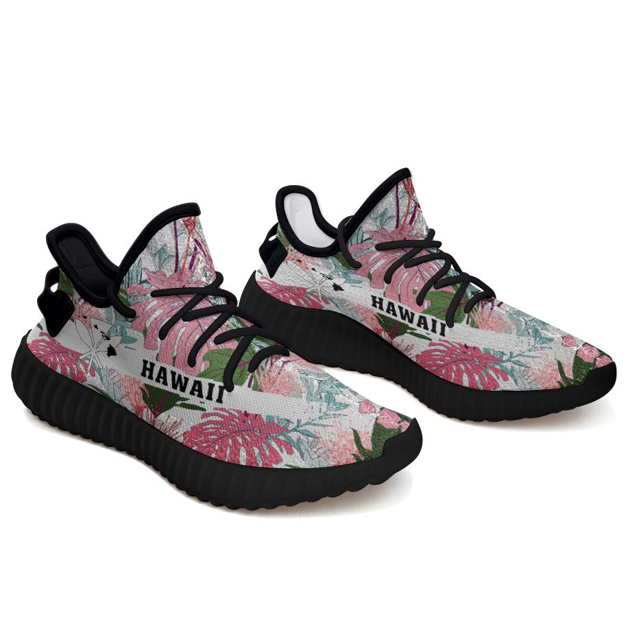 Hawaiian Sneakers YZ Pink Monstera And Green Tropical Leaves White Black - Polynesian Pride