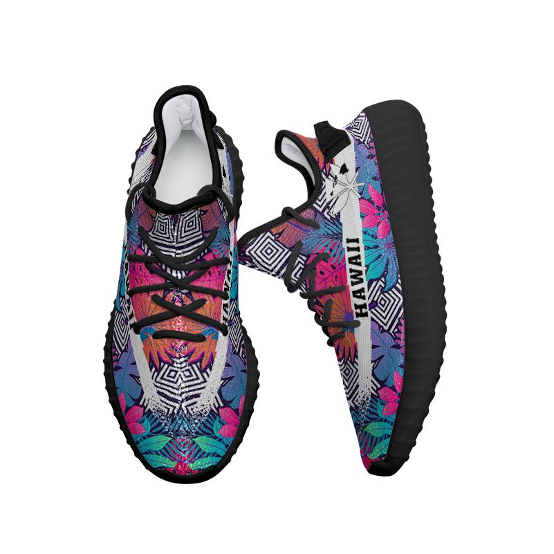 Hawaiian Sneakers YZ Tropical Exotic Leaves And Flowers On Geometrical Ornament - Polynesian Pride